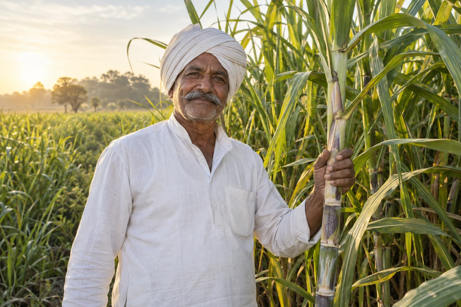 Illustrative photograph of an Indian farmer in a sunlit sugarcane field